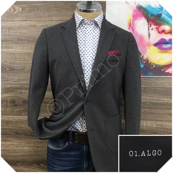 01. ALGO Mens Blazer‎ Sport Coat Casual Jacket Size M (38R) Jersey Gray Suit